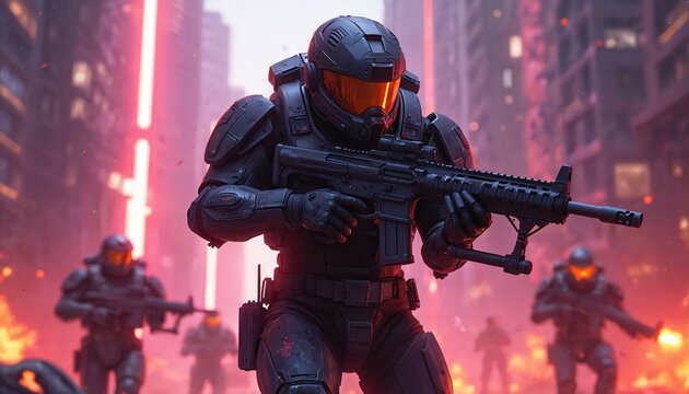 Soldiers in futuristic armor advance through burning city streets. They hold rifles ready for combat, fighting unknown enemies in a sci-fi war. Their gear is high-tech and intimidating.