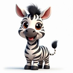 Fototapeta premium Cute cartoon zebra with big eyes, smile stands on white background. Playful character perfect for children books, games, animations. Friendly expression invites engagement. Also great for zoo
