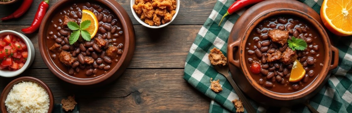 Hearty Brazilian feijoada served in clay pots with sides of rice, salsa, and crispy pork cracklings. Red chili peppers and orange slices garnish this traditional savory meal.