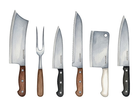 Collection of various kitchen knives and a carving fork displayed in a beautiful watercolor illustration on a white background
