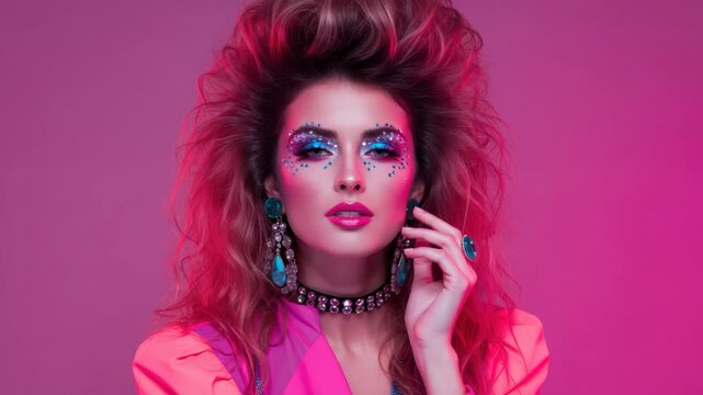 Glamorous Woman with 80s Voluminous Hair and Glitter Makeup