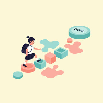 Woman assembling puzzle pieces to reach goal.