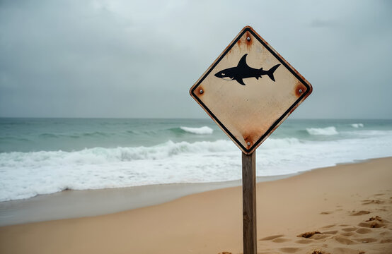 Beach sand with ocean waves and a weathered sign warning of sharks. Surfing and swimming are prohibited in this dangerous area. Visit this place with caution.