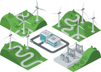 Sustainable Energy Landscape Wind Turbines and Power Grid Illustration © Chico Store