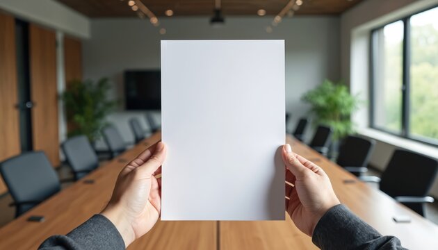 Hands hold blank A4 paper in modern conference room. Empty white sheet for text, design, proposal or document placement. Copy space for branding and business communication.