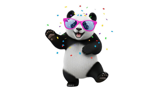 Cute cartoon panda wearing pink sunglasses with colorful confetti falling isolated PNG with Transparent Background