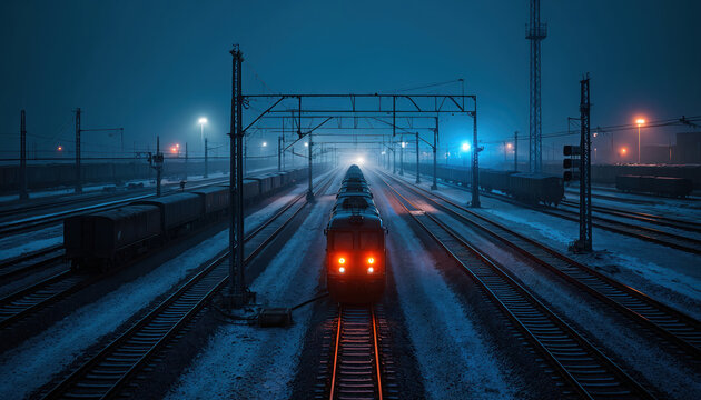 Freight train at railyard at night. Dark locomotive with red lights moves along snowy tracks. Many wagons, utility poles, electric lines. Cargo transport moves through winter landscape.
