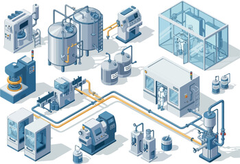 Obraz premium Isometric Pharmaceutical Production Line Manufacturing Equipment Illustration