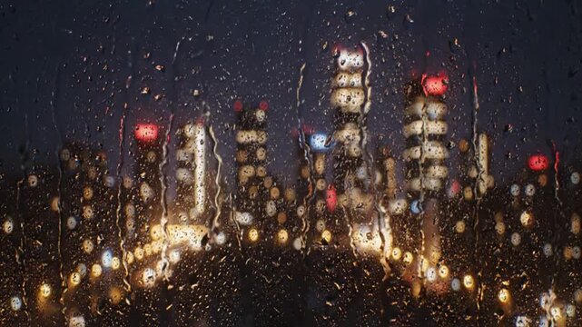 Rain streams down a windowpane, blurring the glittering city lights at night. The urban skyline is momentarily flashed white by powerful lightning strikes, emphasizing the dramatic atmosphere of a se