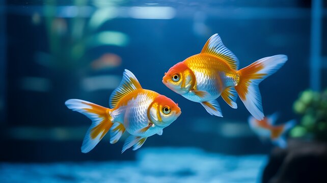 Two oranda goldfish swim gracefully in a blue aquarium