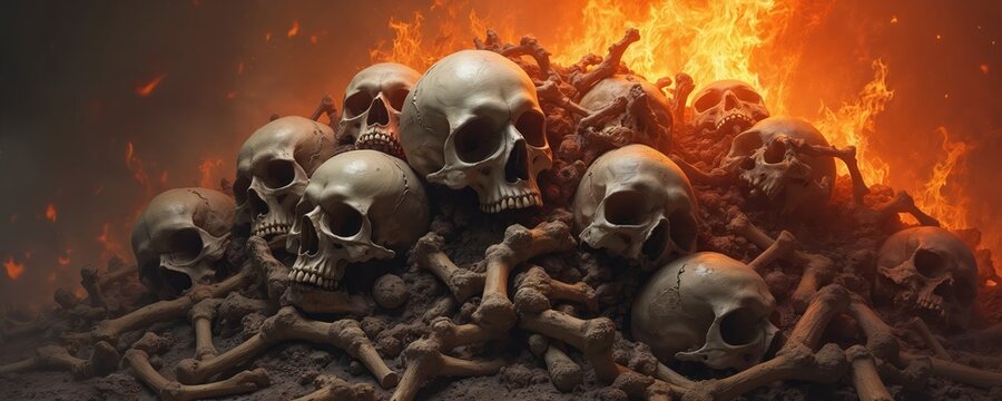 Pile of human skulls and bones in flames of hell. Terrifying scene of death and damnation. Dark and ominous atmosphere with burning embers in background. This image shows consequences of wicked deeds.