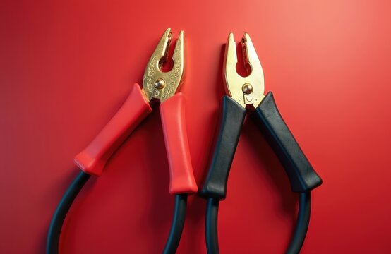 Two car battery jumper cables with red, black clamps lie on plain red surface. Electrical connectors golden metal jaws, rubber grips for safety, conductivity. Accessory offers quick fix to automotive