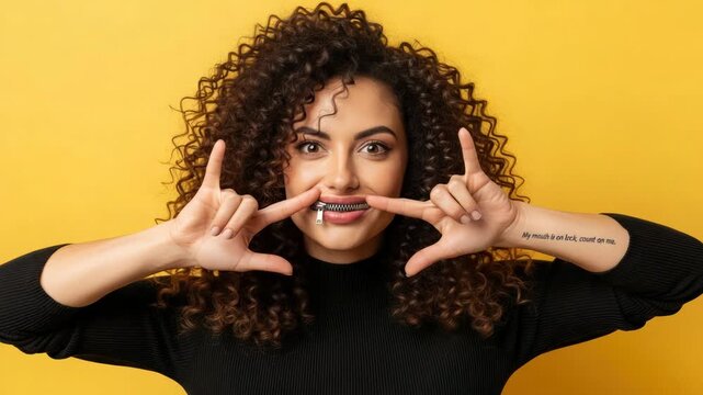 Woman with zipper over mouth, hands framing face, vibrant yellow background