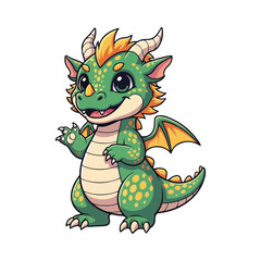 Fototapeta premium Cute Chibi Green Dragon Character Waving Hello Fantasy Mascot