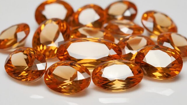 Close Up of Faceted Orange Imperial Topaz Gemstones Displayed on White Background