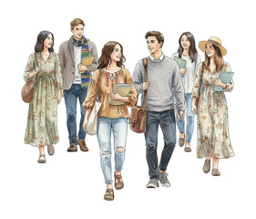 Fototapeta premium Diverse happy university students walking down steps carrying books and bags together in a cheerful mood