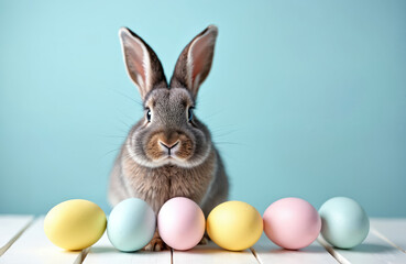 Fototapeta premium A cute bunny sits on a white wooden surface with pastel colored eggs in front of it against a bright blue background. It is a festive Easter scene with spring vibes and playful animals.