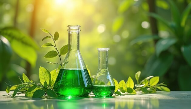 Glass flasks hold green liquid with fresh leaves. Natural light shines on lab equipment with blurred green background. Represents eco friendly research and development in chemistry.
