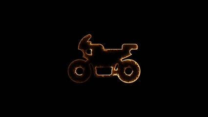 Glowing orange neon outline of a motorcycle with Generate title without using the word "Title:" before it. transparent background showing detailed wheel and seat structure