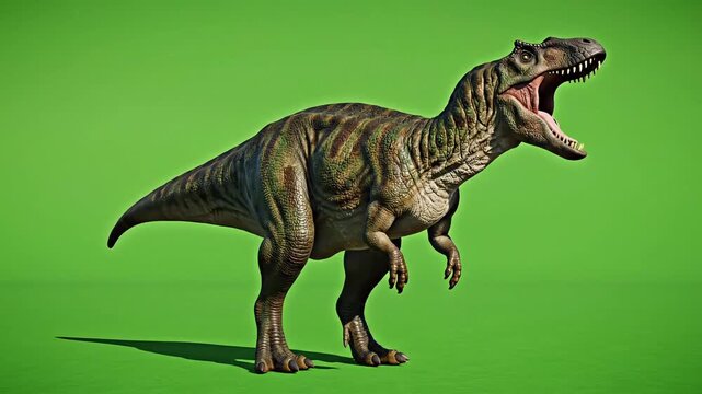 Tyrannosaurus Rex roaring, 3D render of a T-Rex dinosaur with open mouth, isolated on green screen background