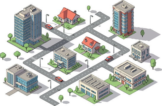 Isometric Cityscape Illustration with Buildings, Roads, and Greenery