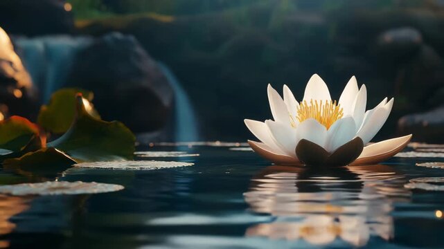 Floating lotus flower on water surface with waterfall background