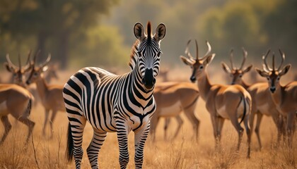 Fototapeta premium Striped zebra stands in dry grass herd of antelopes behind. Animals in African savanna habitat. Wild fauna in natural environment. Creatures graze together under warm sun light.