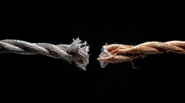 Two frayed ropes separated against black background