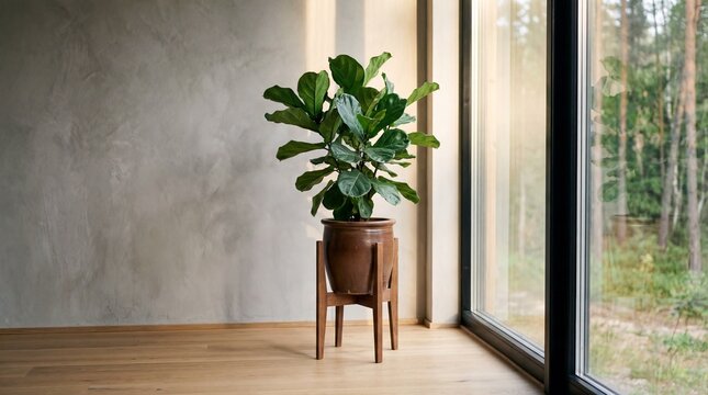 Large fiddle leaf fig tree in a terracotta pot with a wooden stand placed by a large window overlooking a forest inside a modern home with a stucco wall