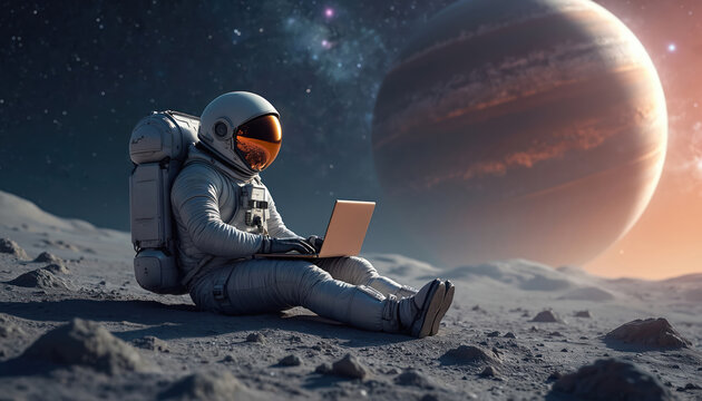 Astronaut sits on alien planet surface typing on laptop. Giant gas planet looms in cosmic sky. Space explorer works remotely in outer space.