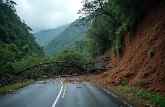 Fallen trees and mud slide block mountain road after storm. Wet asphalt, green forest, overcast sky, natural hazard, travel obstacle, emergency situation.