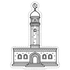 Obraz premium Islamic mosque coloring page with crescent moon and dashed cut line for die-cut style cutting. Black and white line art printable for Ramadan and Eid crafts, classroom decor, bulletin boards, and DIY 