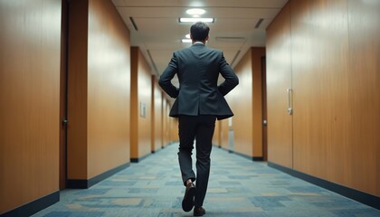 Fototapeta premium Man in suit walks fast down office hallway. Businessman with hands on hips moves quickly through building corridor. Career urgency, motion, speed concept.