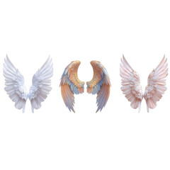 Fototapeta premium Set of three pairs of delicate feathered angel wings with white, colorful, and pink variants isolated PNG with Transparent Background