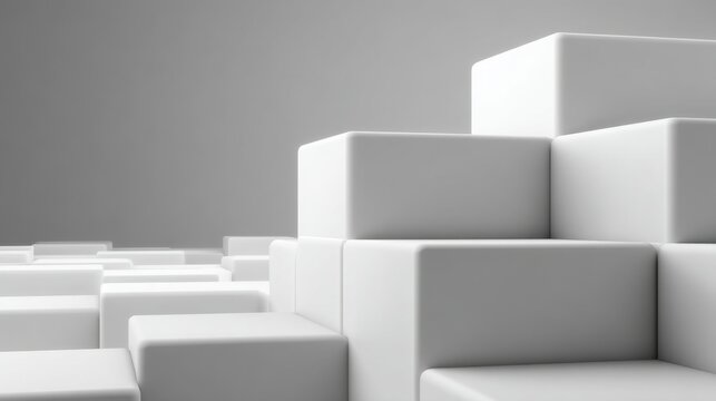 Abstract composition of three-dimensional white cubes in a minimalist setting with soft shadows, creating depth and texture for artistic presentations and designs