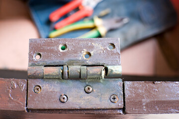 A close-up of a weathered and rusty metal hinge attached to a dark brown wooden door. In the...