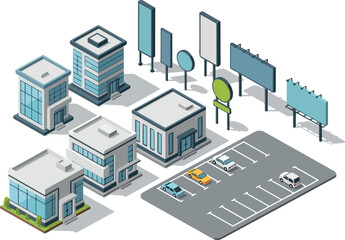 Isometric Cityscape Buildings, Parking, and Signage Illustration © Chico Store