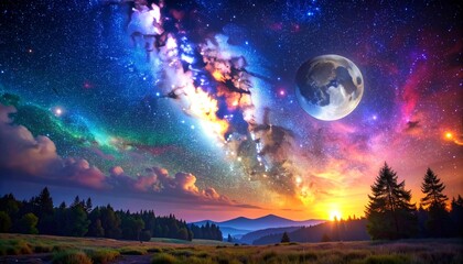 Naklejka premium Cosmic Fantasy Landscape with Glowing Aurora, Moon, and Silhouetted Trees at Night