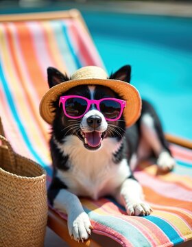 Funny dog wears sunglasses and straw hat rests on sun lounger by pool. Pet relaxes on striped towel during summer vacation. Animal enjoys sunny day.