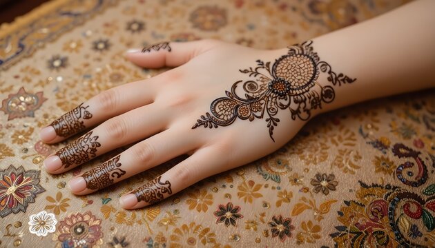 &ldquo;Traditional hand mehndi with Arabic-style patterns, clean bold lines, minimal shading, hands resting on embroidered fabric, warm tones, aesthetic composition, realistic photography.&rdquo;
