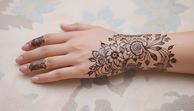 &ldquo;Modern hand mehndi design with geometric and floral fusion, neat fingertips filled, pastel background, soft daylight, trendy and elegant look, ultra-clear focus.&rdquo;
