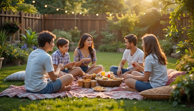 &ldquo;A joyful cousin gathering in a cozy home courtyard, cousins of different ages laughing together, fairy lights hanging above, colorful cushions, tea cups and snacks on a low table, candid moments, war