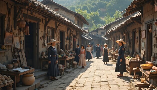 &ldquo;Cultural vibes in a village setting, locals wearing traditional attire, handmade crafts, old architecture, earthy tones, natural sunlight, peaceful and nostalgic mood.&rdquo;
