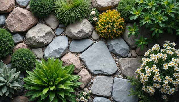 Natural garden rockery with various green plants and white flowers. Smooth stones and pebbles create a textured landscape design. Rich vegetation thrives between decorative rocks.