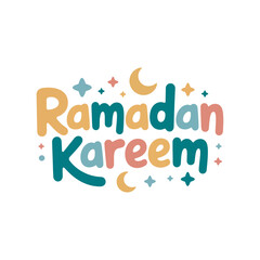 Ramadan Kareem bold lettering with cheerful moons and stars