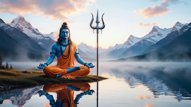 Lord Shiva Meditating by Lake Amidst Snowy Himalayas at Sunrise