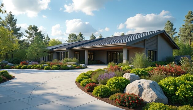 Modern senior care facility with rich garden, inviting entrance. This building offers welcoming environment for elderly care, wellness. Architecture blends with nature, creating peaceful residence.