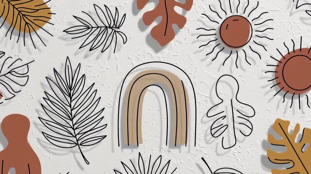 Animated Hand Drawn Boho Style Elements Floating on White Textured Background