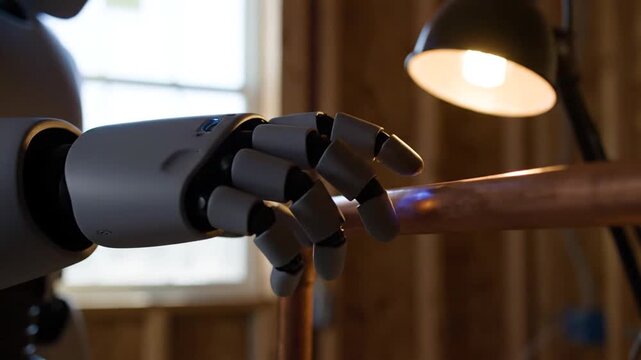 A robotic hand meticulously holds a glowing copper pipe joint during a welding or soldering operation in a brightly lit construction site, highlighting future automation in skilled trades.