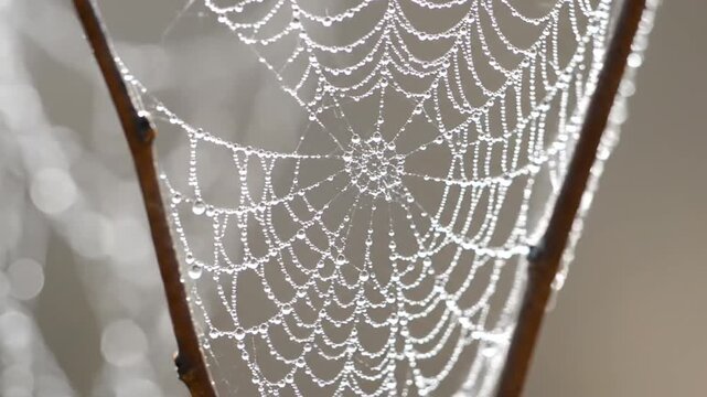 A serene close-up video showcases an intricate orb weaver spider web heavily laden with sparkling morning dew drops, shimmering against a soft, bright, blurred natural background for eight seconds.